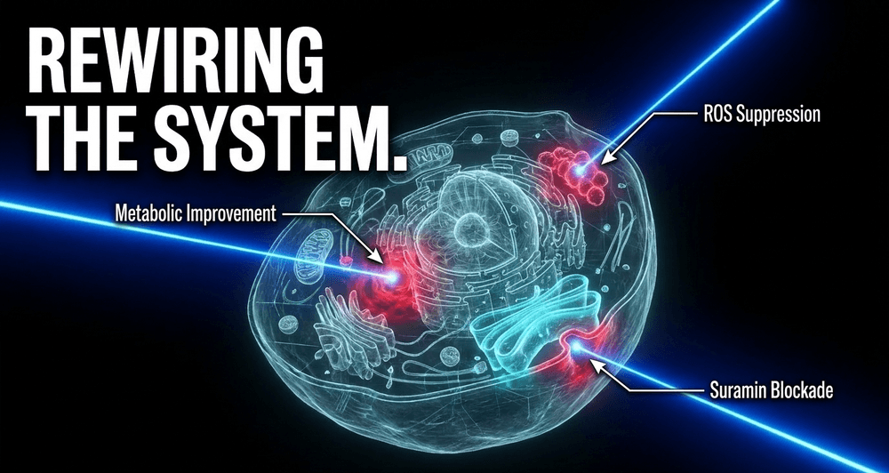 Future therapies under investigation target metabolic improvement, ROS suppression, mitophagy enhancement, and anti-purinergic approaches such as suramin