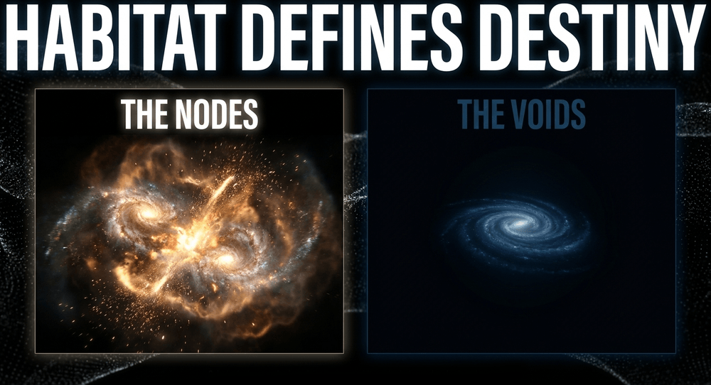 Galaxies in dense nodes face violent mergers, while void galaxies evolve slowly and quietly.