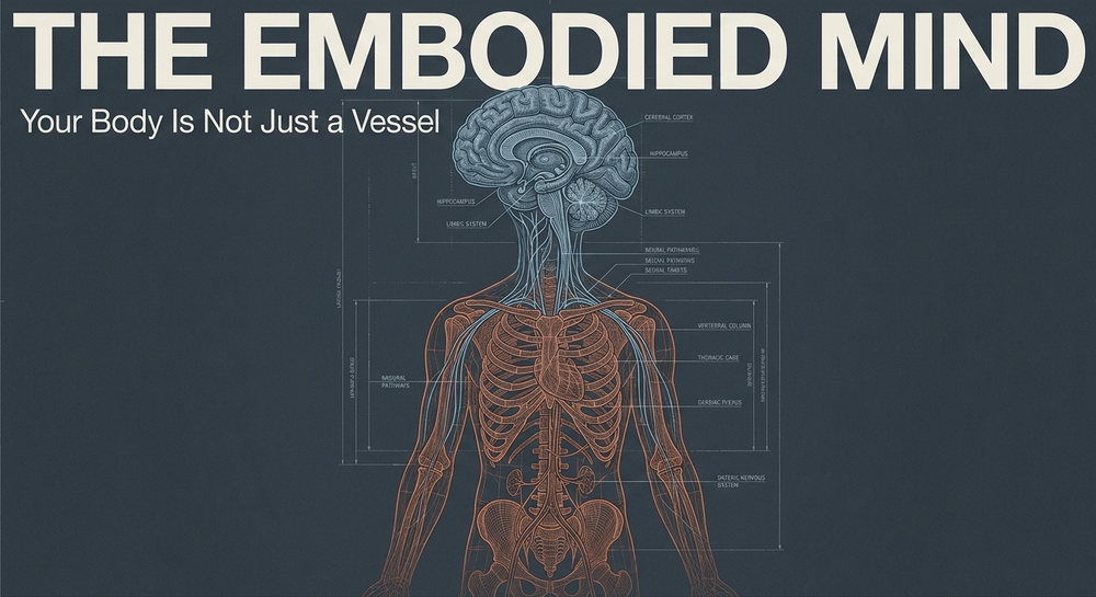 Glowing brain pathwave integrating seamlessly into a human silhouette, illustrating the unified mind-body connection.