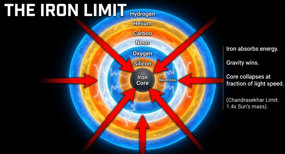 Gravity crushes the star when its core fuses into iron, absorbing energy rather than releasing it, triggering collapse.