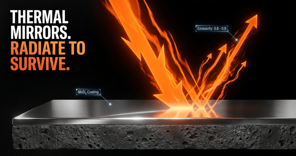 High-emissivity coatings like MoSi₂ act as thermal mirrors, radiating vast amounts of absorbed heat away from the craft.