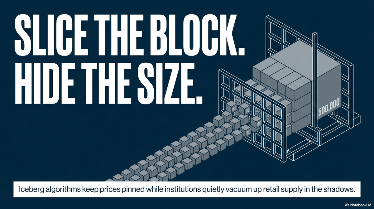 Iceberg algorithms keep prices pinned while institutions quietly vacuum up retail supply in the shadows.