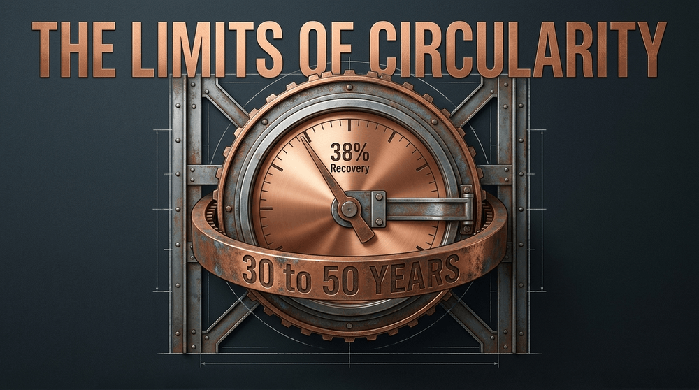 Infrastructure has a 30-50 year lifespan, mathematically preventing recycled scrap from bridging the immediate deficit.
