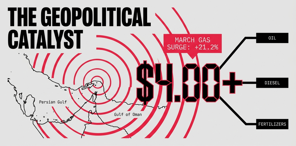 Iran conflict disruptions in the Strait of Hormuz trigger a 21.2% March surge in gas, breaching the $4/gallon threshold.