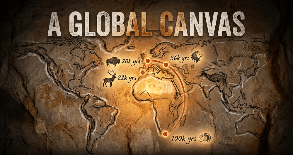 Key sites span Africa and Europe, mapping a 100,000-year evolution of sophisticated artistic methods and symbolism.