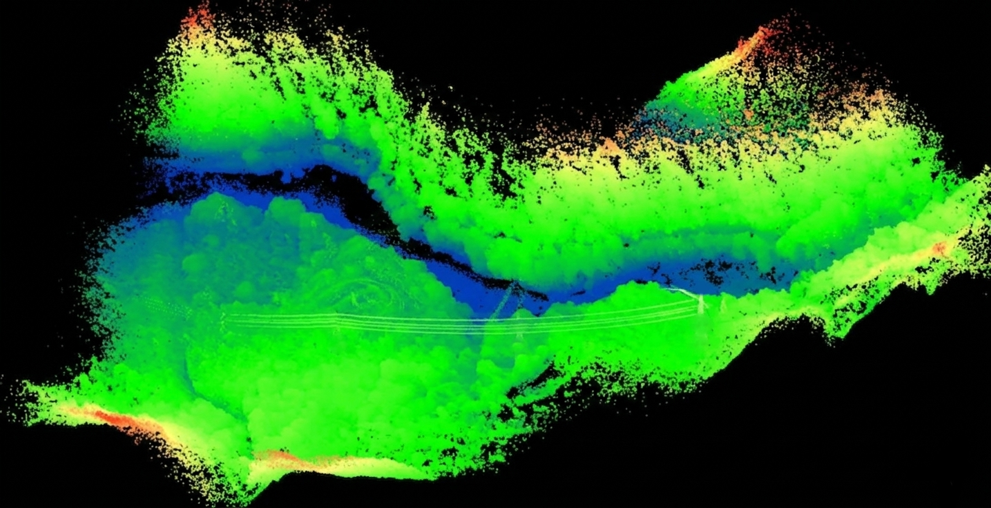 LiDAR point cloud visualization of Machu Picchu revealing hidden structures and topography beneath the dense jungle canopy.