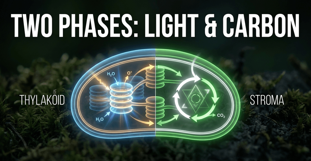 Light reactions in the thylakoid create temporary energy to fuel the Calvin cycle, where RuBisCO fixes carbon.