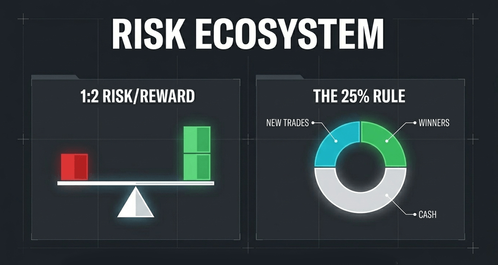 Limit single trades to 1-2% risk, aim for a 1:2 risk-reward ratio, and allocate capital using the 25% rule.
