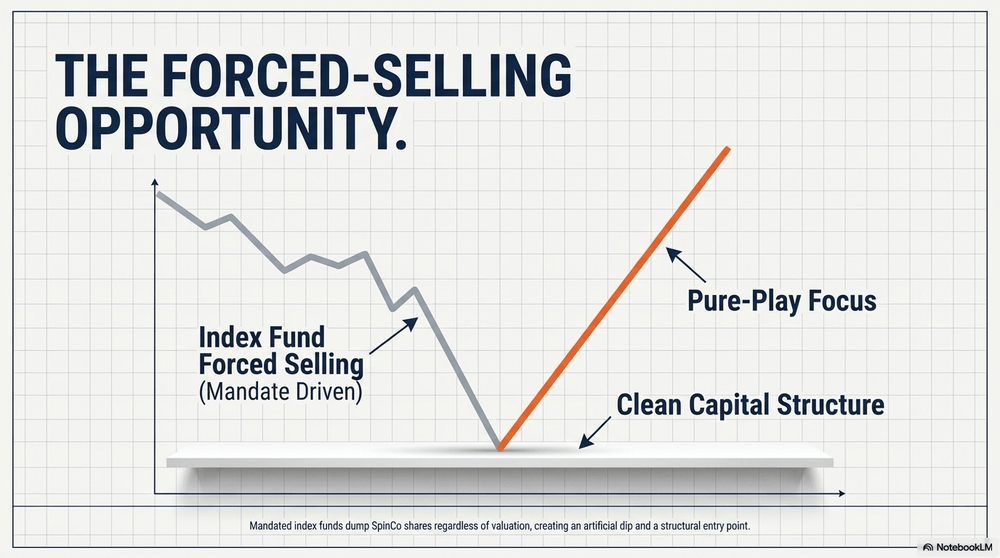 Mandated index funds dump SpinCo shares regardless of valuation, creating an artificial dip and a structural entry point.