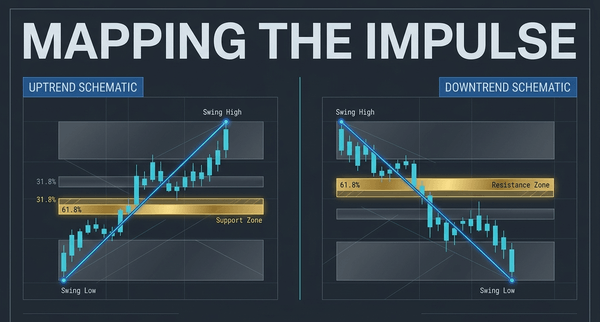 Map impulse waves by anchoring swing lows to highs for uptrends, identifying pullback zones for buyer re-entry.