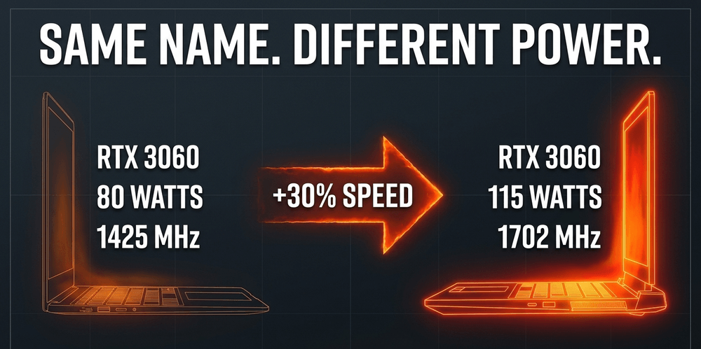 Marketing hides Thermal Design Power (TDP). A high-wattage chassis can outperform an identical lower-wattage GPU configuration by up to 50 percent.