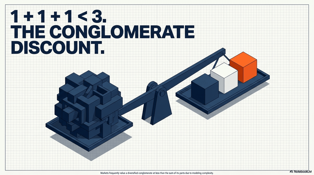 Markets frequently value a diversified conglomerate at less than the sum of its parts due to modeling complexity.