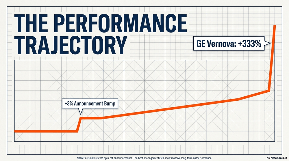 Markets reliably reward spin-off announcements. The best-managed entities show massive long-term outperformance.