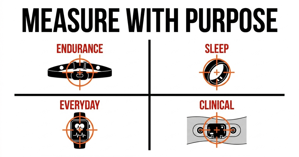 Match your hardware to your goals: chest straps for endurance, rings for sleep, smartwatches for daily health, patches for clinical-grade monitoring.