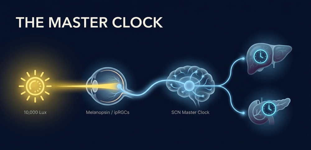 Melanopsin in the eye detects morning blue light, signaling the SCN to wake up our metabolism.