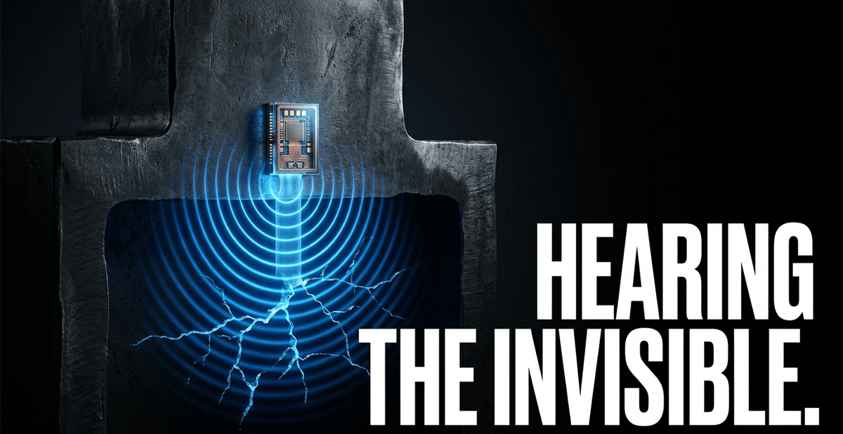 MEMS acoustic sensors catch 15-620 kHz stress waves from microscopic cracks long before standard vibration alarms trip.
