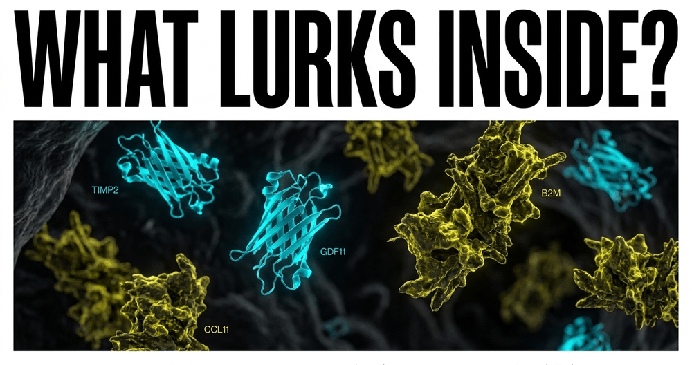 Microscopic view of bloodstream: glowing cyan youth factors (TIMP2) clashing with heavy yellow aging factors (CCL11).