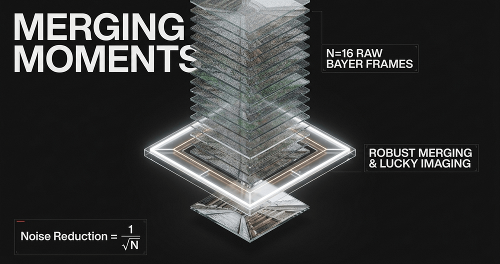 Multi-frame stacking merges rapid sequence captures to eliminate noise and preserve detail while discarding motion.