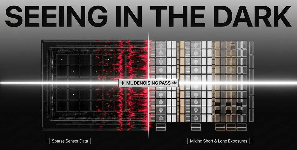 Night modes combine varying exposure durations with ML to freeze motion, collect light, and erase sensor noise.
