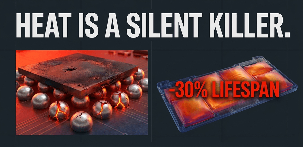 Operating at 90-100°C causes thermal expansion, micro-fractures, and degrades battery chemistry over time.