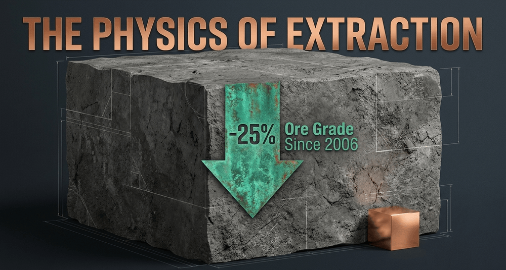 Ore grades have declined significantly since the early 1990s, now requiring the excavation of 99 tonnes of waste rock per 1 tonne of metal.