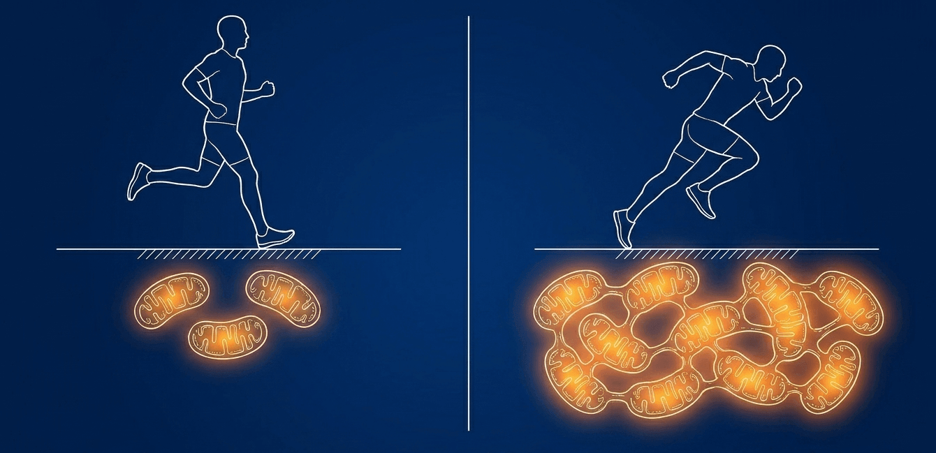 Physical activity creates a temporary energy deficit, triggering a signaling cascade that stimulates mitochondrial biogenesis to build a denser, more efficient energy network.