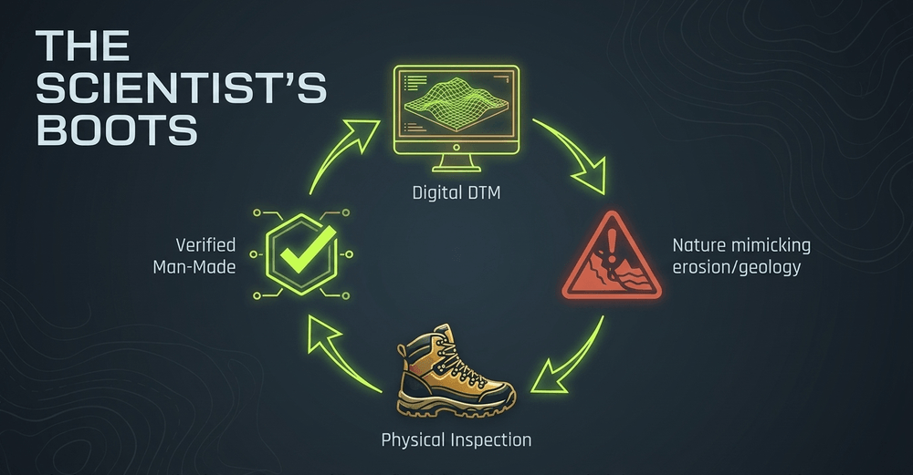 Physical ground verification remains essential to confirm digital features are genuinely human-made, not natural formations.