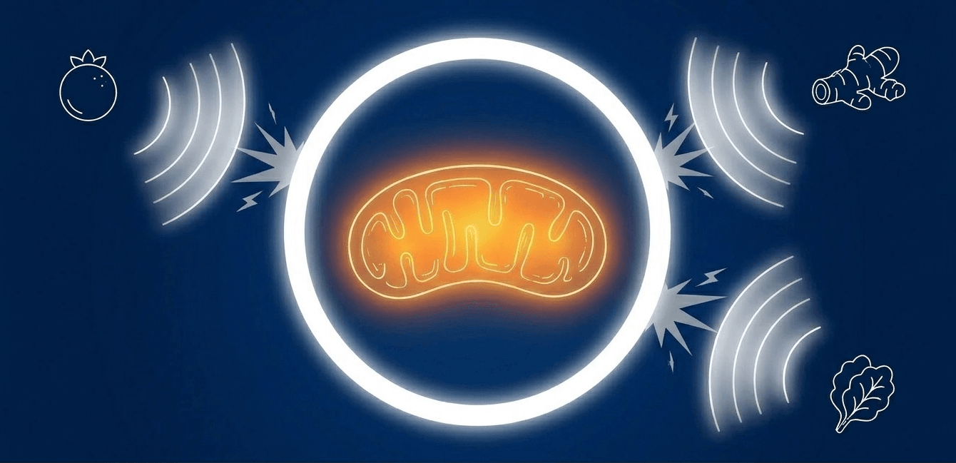 Polyphenols and antioxidants neutralize volatile reactive oxygen species, while omega-3 fatty acids maintain the structural integrity of the mitochondrial membrane.