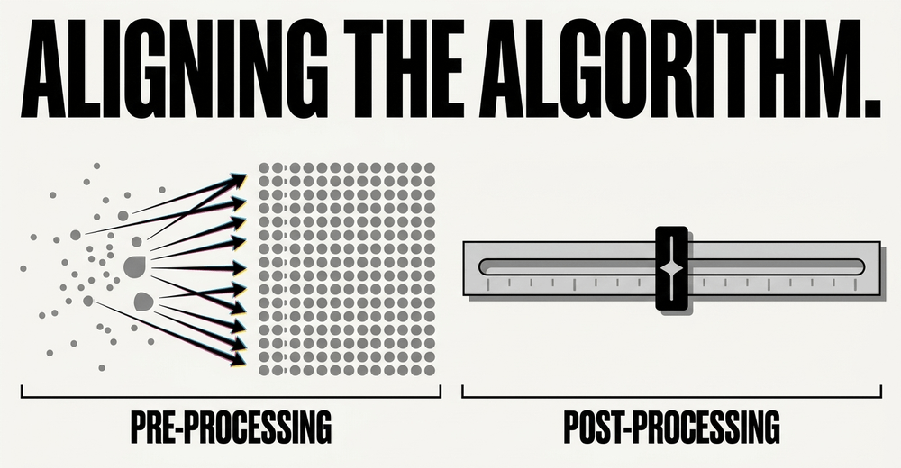 Pre-processing fixes data before training. Post-processing adjusts classification thresholds and re-weights predictions.