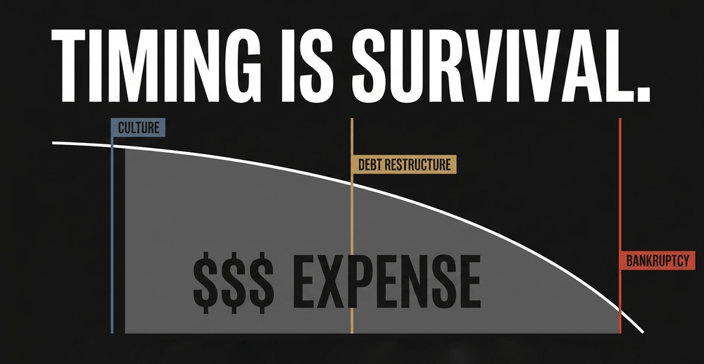 Recovery costs soar exponentially. Early cultural realignment is far cheaper than late-stage bankruptcy reorganization.