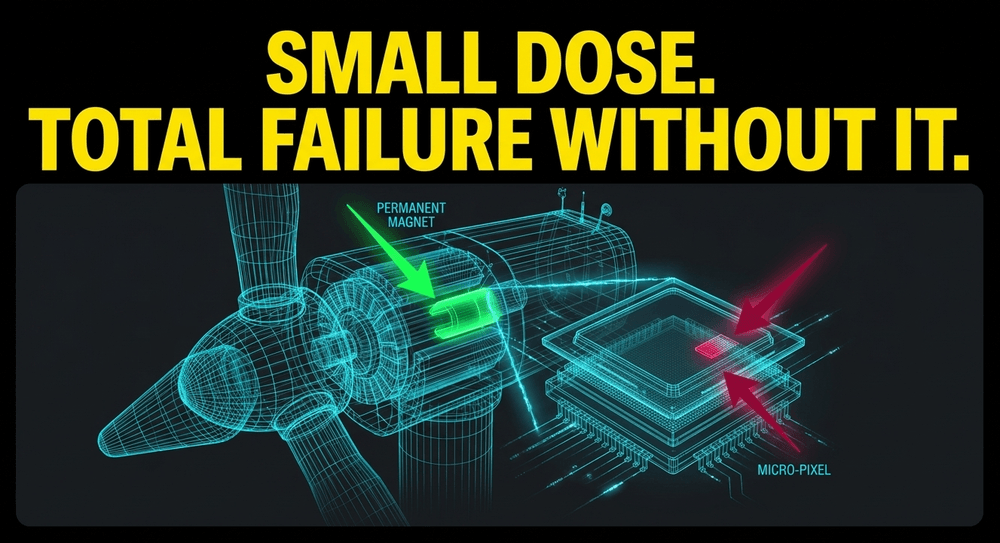REEs are the "vitamins" of tech: neodymium for magnets, europium for screens. Systems fail without them.