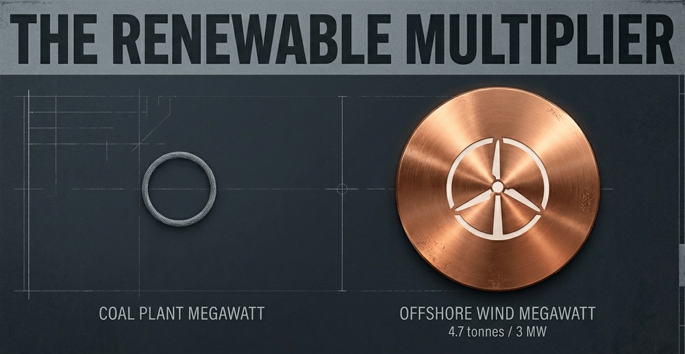 Renewables require five to six times more raw copper per megawatt of capacity than centralized fossil fuel systems.