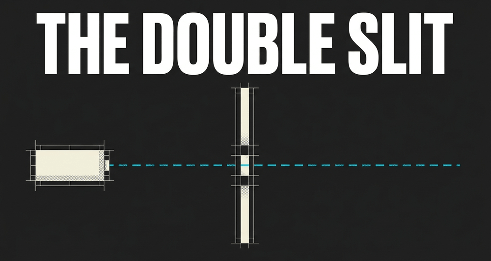 Schematic of an emitter firing single electrons toward a barrier with two parallel slits.