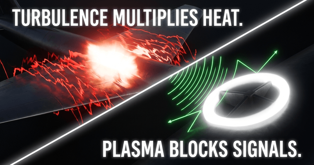 Second-mode turbulence spikes thermal loads, while the conductive plasma sheath blocks crucial radio communications.