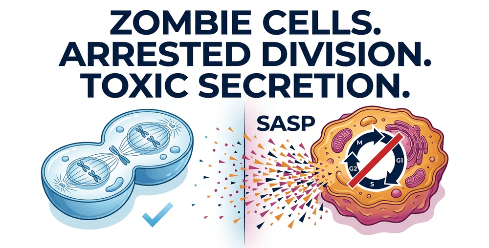 Senescent cells evade apoptosis and secrete SASP, driving local tissue toxicity and cellular aging.