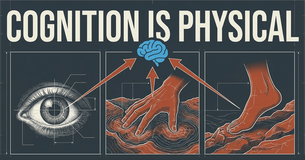 Sensor contact points in a hand and foot emitting energy pulses inward, showing how physical state shapes cognition.