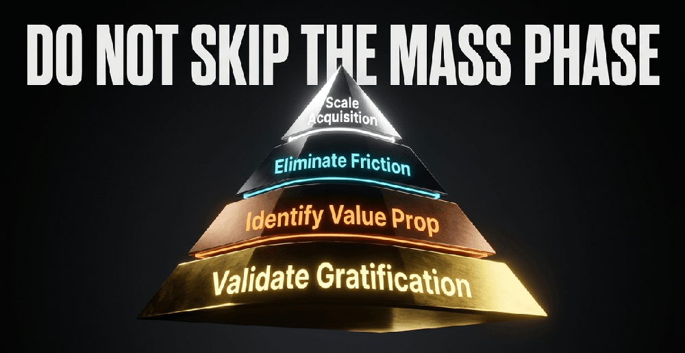 Sequence is critical. Establish mass through user gratification and friction elimination before applying velocity.