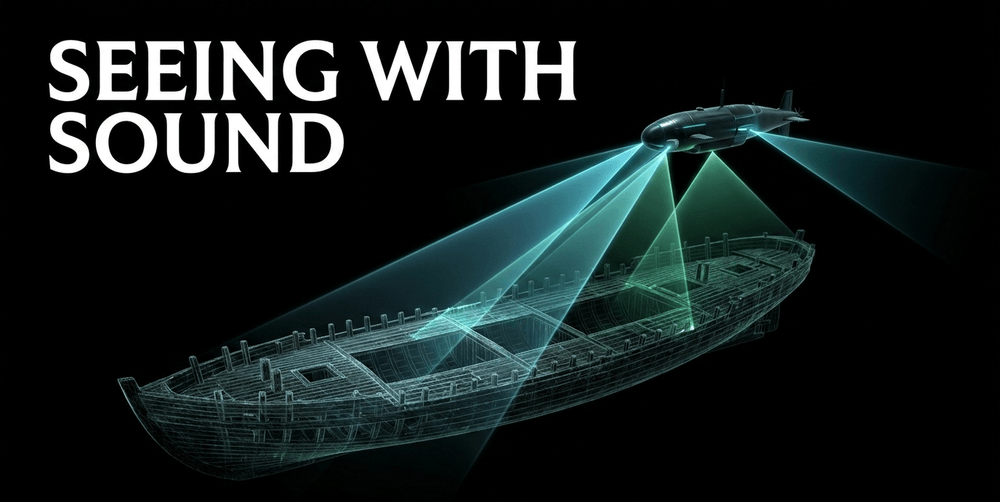 Side-scan and multibeam sonar emit acoustic pulses to create high-resolution 3D maps of buried structures.