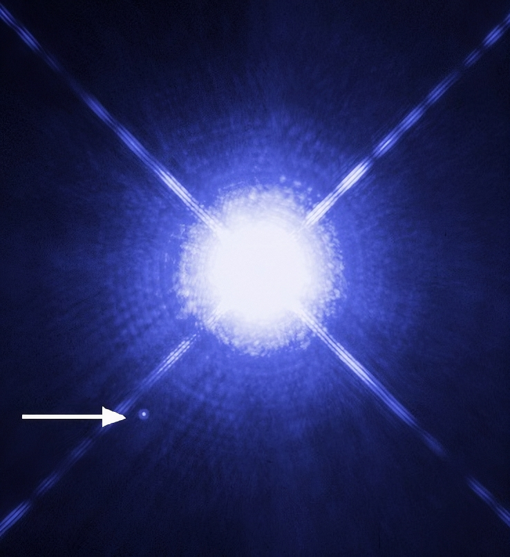 Sirius B, the nearest white dwarf to Earth, appears as a dim speck of light positioned to the lower left of the significantly brighter Sirius A. Source Wikipedia