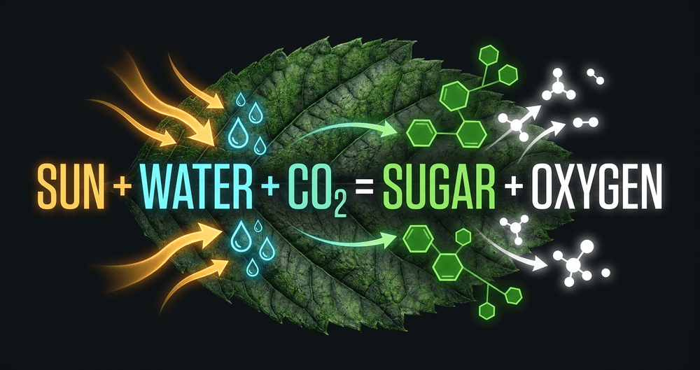 Solar energy is captured and locked into the covalent bonds of glucose, forming the base of the global food web.