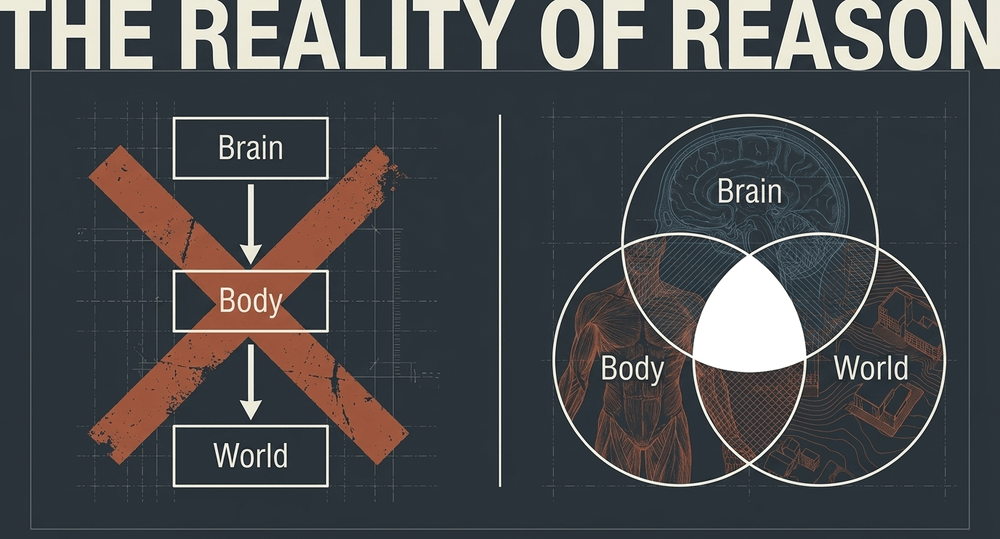 Split diagram contrasting the isolated brain model against the interconnected brain-body-world overlapping triad.
