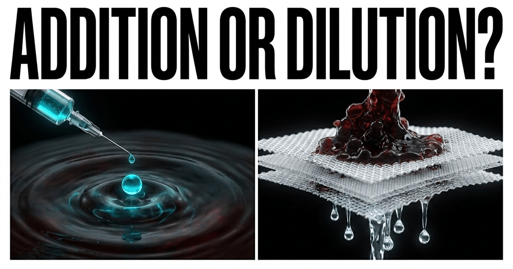Split visual: injecting youth proteins (addition) vs. filtering toxic molecular cargo with saline-albumin (dilution).