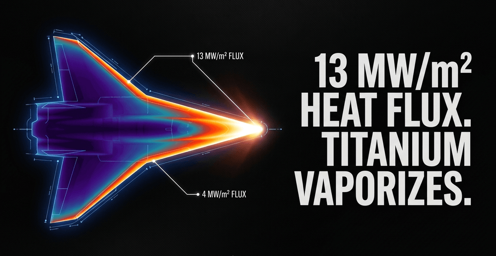 Stagnation points endure heat fluxes up to 13 MW/m² and 2,426°C at Mach 10, rapidly exceeding titanium's melting point.