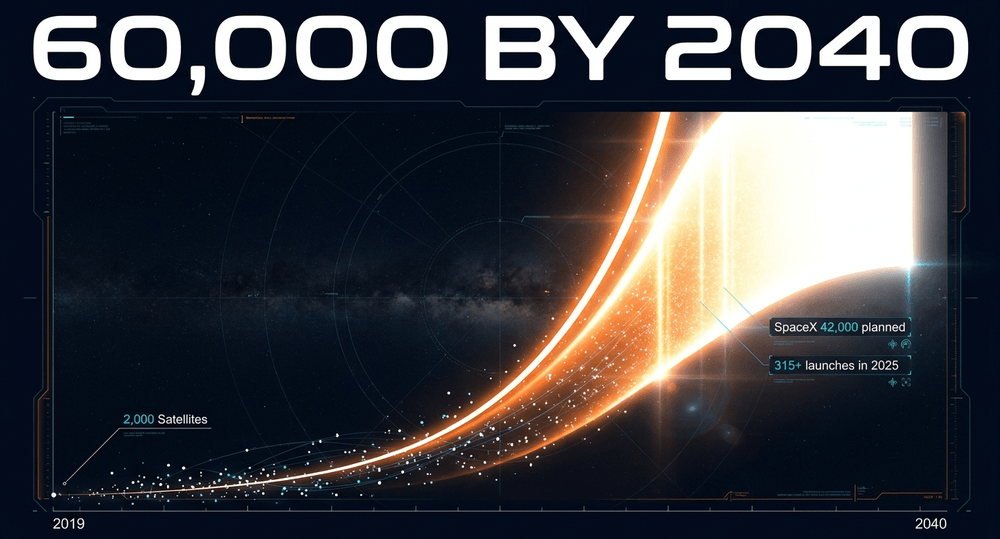 Stark exponential curve mapping explosive orbital growth from 2,000 satellites in 2019 to a projected 60,000+ by 2040.