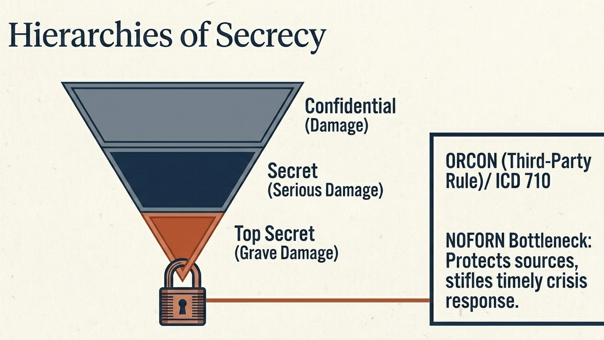 Strict classification tiers and ORCON handling caveats protect sources but frequently create oversight bottlenecks.