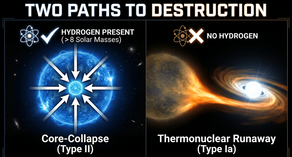 Supernovae branch into Type II (massive star core collapse) and Type I (thermonuclear runaway in white dwarfs).