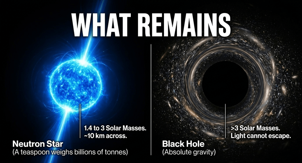 Surviving cores become either ultra-dense neutron stars (1.4-3 solar masses) or light-trapping black holes (>3 solar masses).