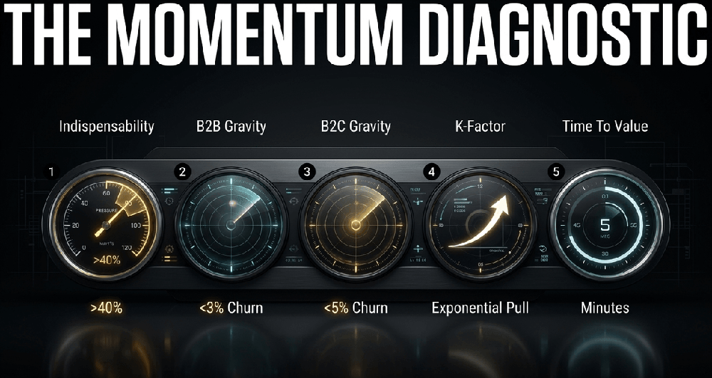 Sustainable momentum is quantified through indispensability, stable cohort retention, and organic exponential pull.