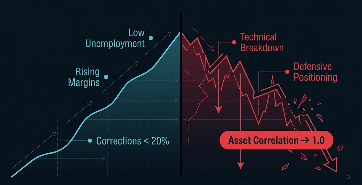Sustained growth relies on positive feedback loops in corporate profitability, while contractions force cross-asset correlations toward 1.0 as liquidity is systematically drained