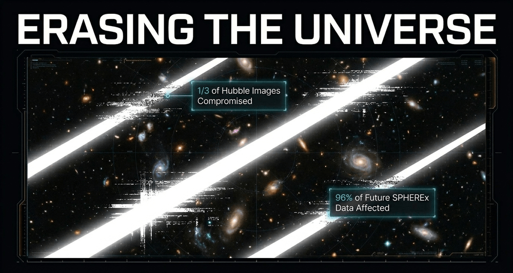 Telescope lens heavily scored by glowing satellite trails, illustrating the contamination of vital astronomical data.